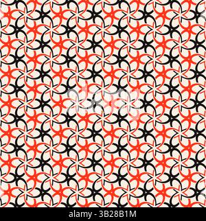 Black red geometric flowers, interwined circles seamless pattern on beige background. Repeating beige pattern. Stock Vector