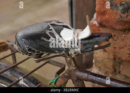 close-up of worn out and damaged black bicycle seat, frame is partly visible leaning against an old brick wall, aged and used seat with tears Stock Photo