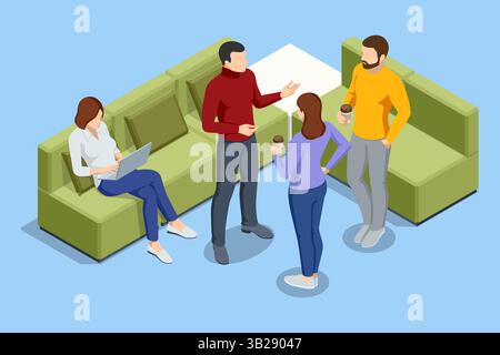 Coworking space with people working on laptops and talking. Isometric vector illustration. Stock Vector