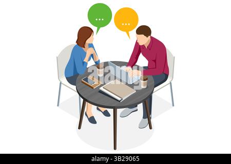 Business meeting between two people with laptops and coffee discussing work. Isometric vector illustration. Stock Vector