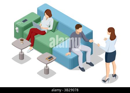 Coworking space with people working on laptops and talking on phone. Isometric vector illustration. Stock Vector