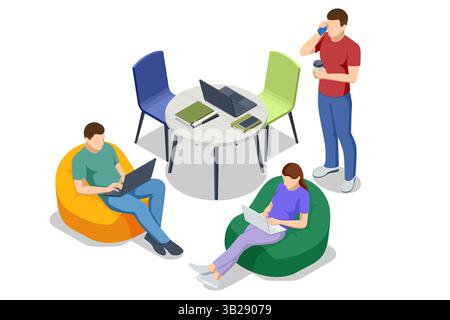 Coworking space with people working on laptops and talking on phone. Isometric vector illustration. Stock Vector