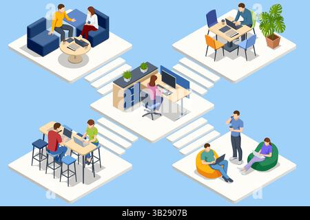Different coworking spaces connected together showing collaboration and remote work. Isometric vector illustration. Stock Vector