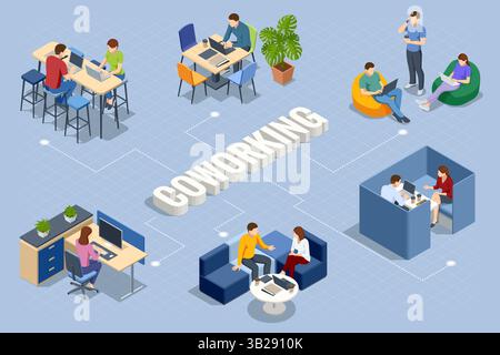 Coworking network concept with various teams working in modern office spaces. Isometric vector illustration. Stock Vector