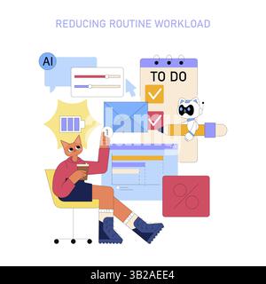 AI assistant for streamlining work processes and enhancing productivity. This illustration represents how AI reduces routine tasks, manages schedules, and organizes workloads efficiently for users. Stock Vector