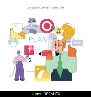 Effective content strategy development depicted through playful characters and visual elements, highlighting planning, goal-setting, and creative ideas in marketing. Engaging design for business needs. Stock Vector
