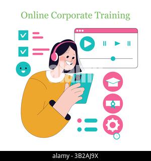 Online corporate training concept featuring a cheerful participant engaging with a mobile device. Visual elements include progress indicators, certification icons, and multimedia content, illustrating the learning experience. Stock Vector