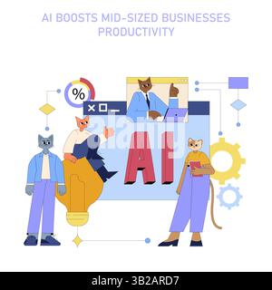 AI transforms mid-sized business productivity, featuring anthropomorphic animals using technology. Stock Vector