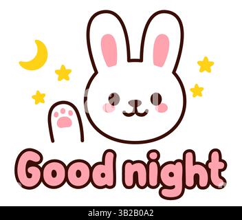 Cute cartoon white bunny saying Good night. Kawaii rabbit sticker drawing, vector illustration. Stock Vector