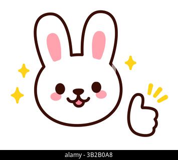 Cute cartoon white bunny giving thumbs up. Kawaii rabbit sticker drawing, vector illustration. Stock Vector