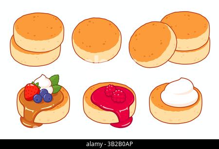 Syrniki, Eastern European cottage cheese pancakes set. With sour cream, berries, syrup and jam. Traditional breakfast food vector illustration. Stock Vector