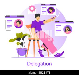 Delegation illustration shows a person managing tasks efficiently by coordinating with team members online. The scene conveys a sense of control and collaboration, underlining productivity in teamwork. Stock Vector