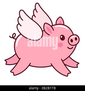 Cute cartoon flying piggy with wings. "When pigs fly" drawing. Isolated vector illustration. Stock Vector