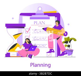 This illustration focuses on the concept of planning, featuring individuals engaged in organizing tasks and time management. The scene highlights collaboration and goal-setting, creating an inspiring environment for productivity. Stock Vector