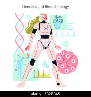 Genetics and biotechnology explore the intersection of science and technology. This illustration shows advancements in health, genetic research, and the future of human enhancement. Vector illustration. Stock Vector