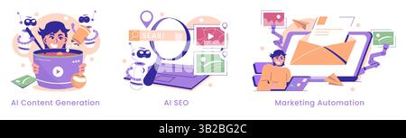 AI in marketing transforms strategies with innovative content generation, SEO techniques, and automation tools. It enhances engagement and optimizing resources, paving the way for smarter marketing solutions. Vector illustration. Stock Vector