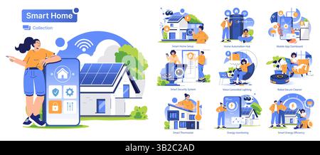 Smart Home Collection illustrates modern home automation concepts, showcasing innovative technologies for security, energy efficiency, and convenience. A seamless integration of smart devices enhances daily life. Stock Vector