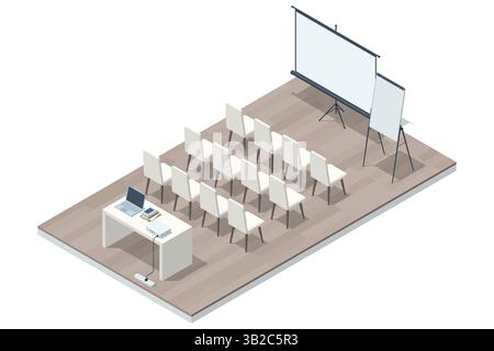 Empty conference room with white chairs, a flipchart, and a large projector screen set up for a business seminar. Isometric vector. Stock Vector