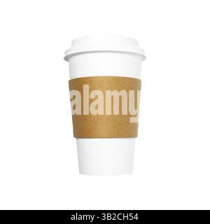 Takeaway paper coffee cup isolated on white background with blank cardboard label, front view closeup Stock Photo