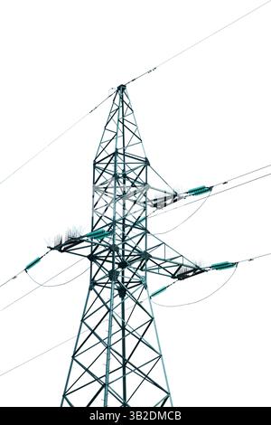 High voltage power lines and metal pylon isolated on white background with clipping path. Design element. Stock Photo
