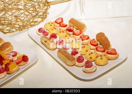 Mini pastries with lemon and fruit tartlets, and éclairs on dessert tray. Elegant individual desserts for buffet or celebration. Stock Photo