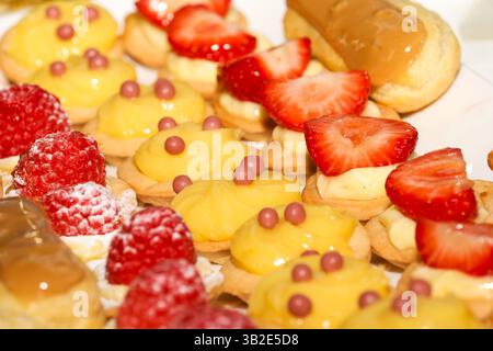 Mini pastries with lemon and fruit tartlets, and éclairs on dessert tray. Elegant individual desserts for buffet or celebration. Stock Photo