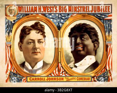 William H. West's Big Minstrel Jubilee. American blackface poster for William H. West Minstrel Jubilee, America, Consists of portraits of Carroll Johnson, one as himself and one in blackface. Stock Photo