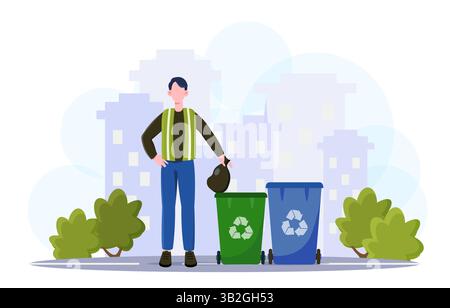 Man recycling waste in urban area. Vector illustration Stock Vector