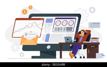 Man relaxing at desk with analytics screen. Vector illustration Stock Vector