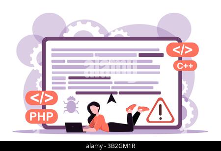 Woman debugging code on laptop screen. Vector illustration Stock Vector