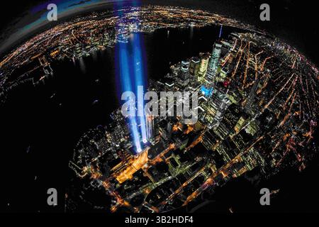 Sept. 11, 2015 - New York, NY, United States of America - Aerial view of lower Manhattan and the twin beams of light to honor those killed in the 9/11 attacks during the anniversary Tribute In Light September 11, 2015 in New York City, NY. (Credit Image: © Anthony Quintano/Planet Pix via ZUMA Wire) Stock Photo