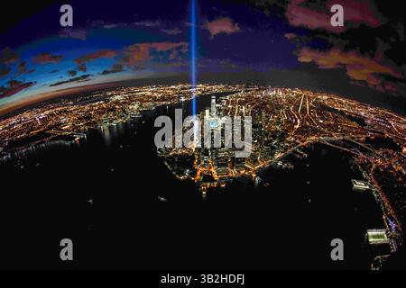 Sept. 11, 2015 - New York, NY, United States of America - Aerial view of lower Manhattan and the twin beams of light to honor those killed in the 9/11 attacks during the anniversary Tribute In Light September 11, 2015 in New York City, NY. (Credit Image: © Anthony Quintano/Planet Pix via ZUMA Wire) Stock Photo
