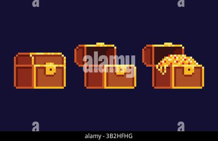 Pixel art vector illustration - wooden gold treasure chest, closed, opened and filled with gold coins, chains and ruby Stock Vector