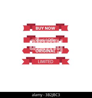 Red Ribbon Banners with Promotional Text on White Background Stock Vector