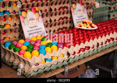 Colourful dyed eggs for Greek Easter celebrations for sale at a farmers market in Athens. Stock Photo