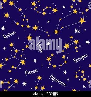 Zodiac constellations pattern on dark blue sky. Zodiac signs seamless vector background. Cute stars, horoscope, astrological symbols Scorpio, Taurus Stock Vector