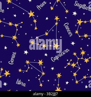 Seamless Zodiac constellations pattern on dark blue sky. Zodiac signs vector background. Cute stars, horoscope, astrological symbols Sagittarius Stock Vector