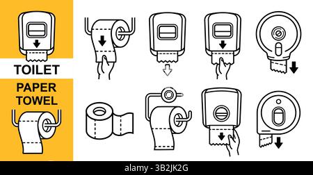 Toilet paper towel dispenser in public restroom, clean napkin tissue roll holder on WC lavatory wall. Soft hygiene skin care sheet container line icon Stock Vector