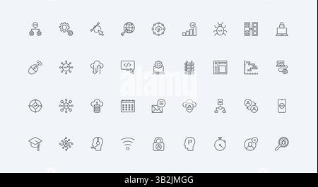 Algorithm of information system, program code test and gears thin black outline symbols vector illustration. Development of software, mobile application, operate digital data line icon set Stock Vector