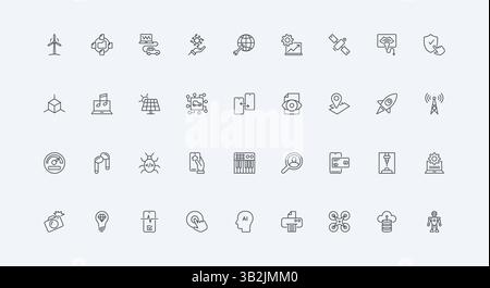 Drone and robot, 3D printer and ultrasound, navigation antenna thin black outline symbol vector illustration. Smart technology, electronic devices and tech gadgets, cybersecurity line icon set Stock Vector