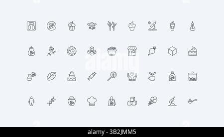 Sugar cubes, sand pile and powder, stevia plant and drugs, candy, bag and sachet thin black outline symbols vector illustration. Sugar, sweet confectionery food and sweeteners line icon set Stock Vector