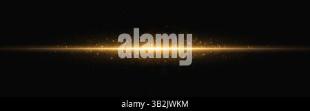 Gold glow. Light burst with sparkles on dark background. Horizontal sparkling light for energy, luxury or magic design. Bright and radiant shine. Vect Stock Vector