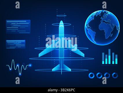 Air Transport Technology The plane, surrounded by a ring of light, represents fast connectivity, logistics and intelligent transportation in the digit Stock Vector