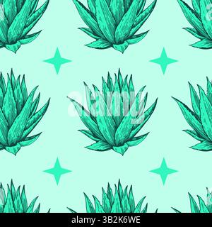 Seamless pattern with agave plant. Hand drawn illustration in engraving style. Vector retro print for design. Stock Vector