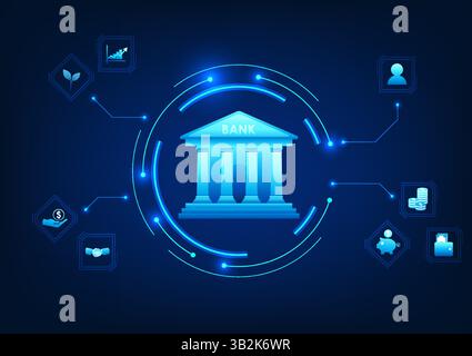 Fintech technology, banking connected to investment icons, reflecting the transformation of financial services to the digital age, transactions, inves Stock Vector