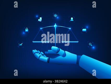 LegalTech Robotic hand holding a scale of justice, symbolizing the integration of AI with modern law, which helps in thinking, judging and protecting Stock Vector