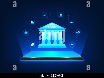 Fintech technology shows a smartphone projecting a holographic image of the bank and investment icons, conveying the message of accessible, fast and s Stock Vector