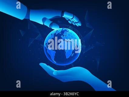 AI robot hand and human hands embrace the world together, representing AI Co Worker technology towards a sustainable, balanced and creative future, sy Stock Vector