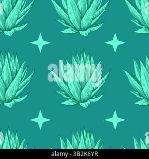 Seamless pattern with agave plant. Hand drawn illustration in engraving style. Vector retro print for design. Stock Vector
