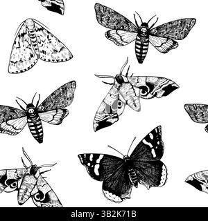 Seamless pattern with engraved moths and butterflies in realistic victorian style. Elegant monochrome print for design. Vector illustration. Stock Vector